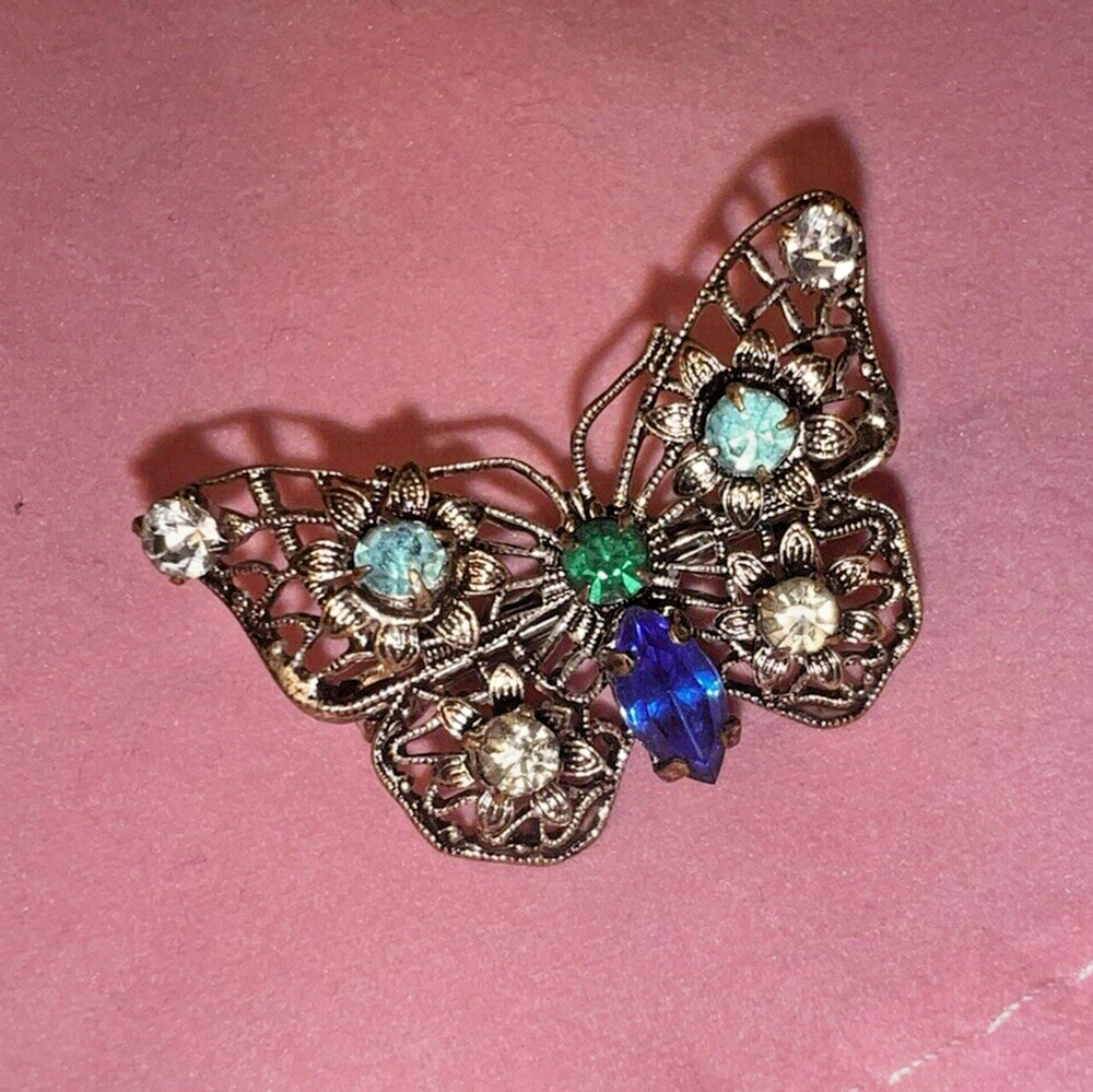Silver Plate Colorful Blue Green Crystal Butterfly Pin Brooch--Vintage Beautiful
